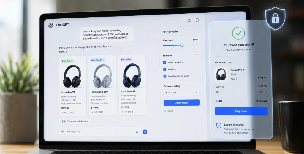 ChatGPT shopping assistant comparing products and showing a secure buy now checkout screen.